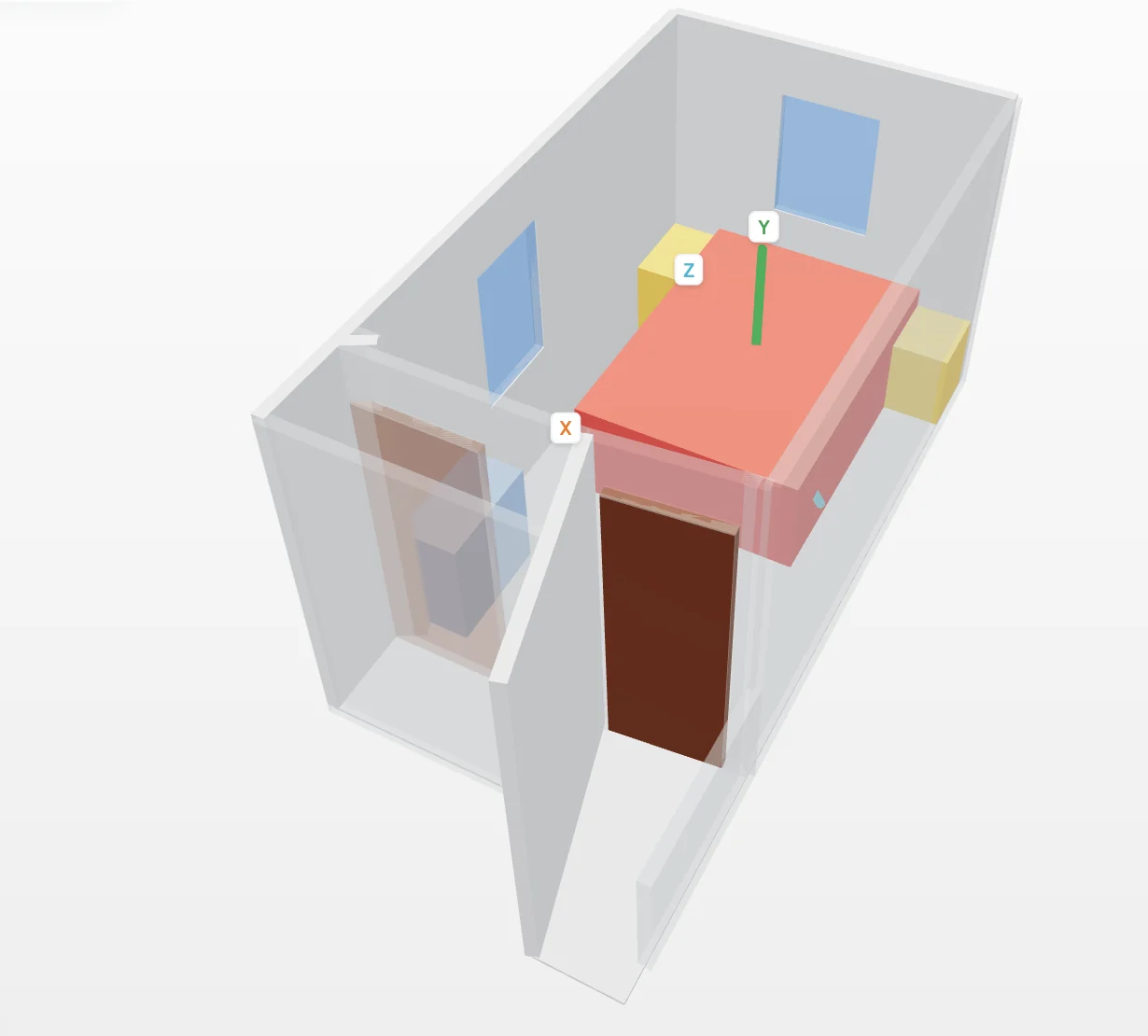 A saved bedroom in the Hestia 3D viewer: walls, one door, two windows, and the bed, storage, and tables placed where they sit in the room.